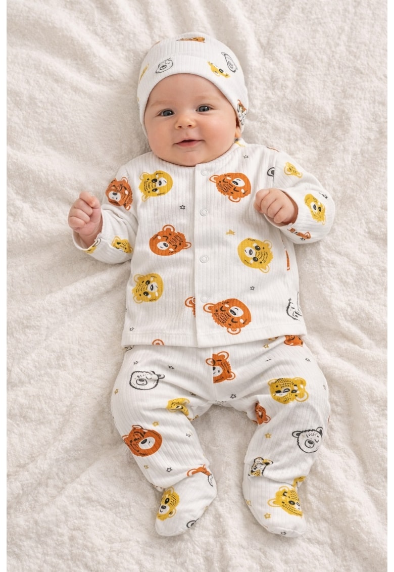 Set bebe bumbac 3 piese cu imprimeu animalute bluza pantaloni si caciulita nou nascut - 0-3 luni - Baieti