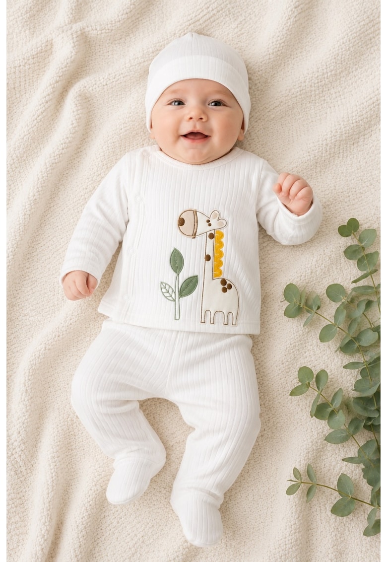 Compleu bebe alb cu caciulita si broderie girafa din bumbac ribat premium - 0-3 luni - Baieti