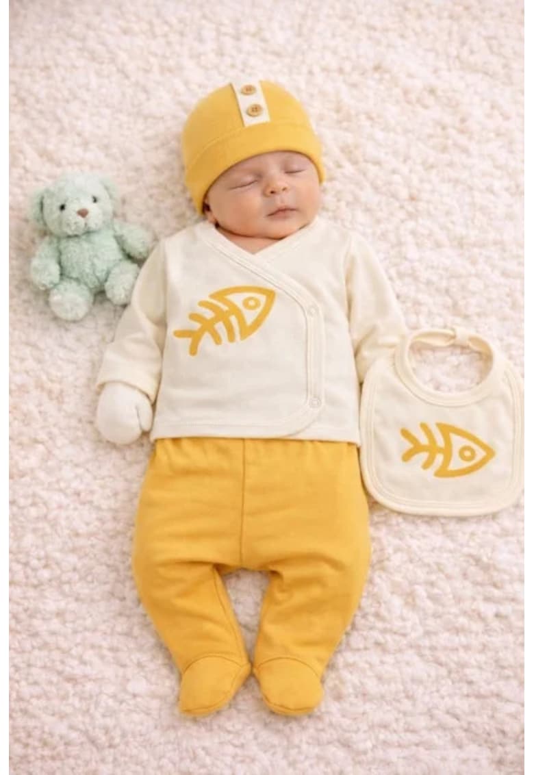 Set Serde Baby cu imprimeu pesti – 5 piese din bumbac - galben - Multicolor