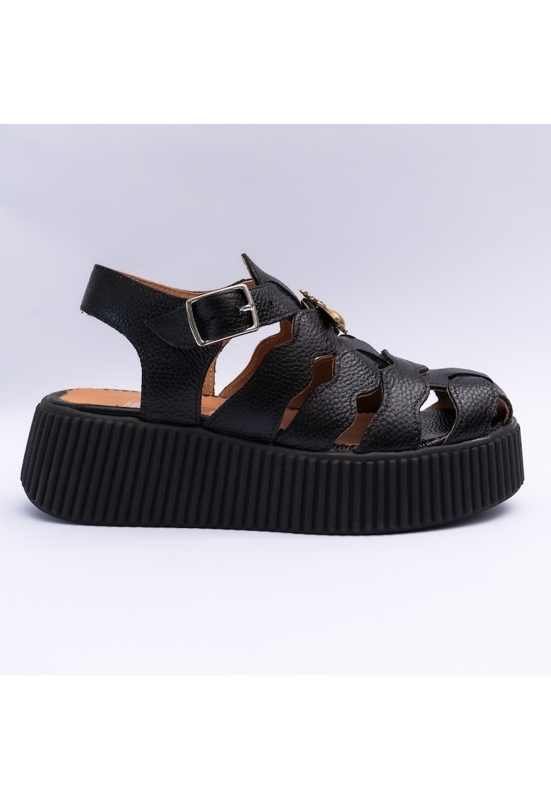 Sandale dama din piele naturala cu accesoriu - negru bizonat - Negru