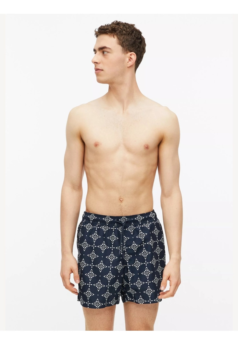 Pantaloni scurti de baie cu snururi si imprimeu - Bleumarin inchis