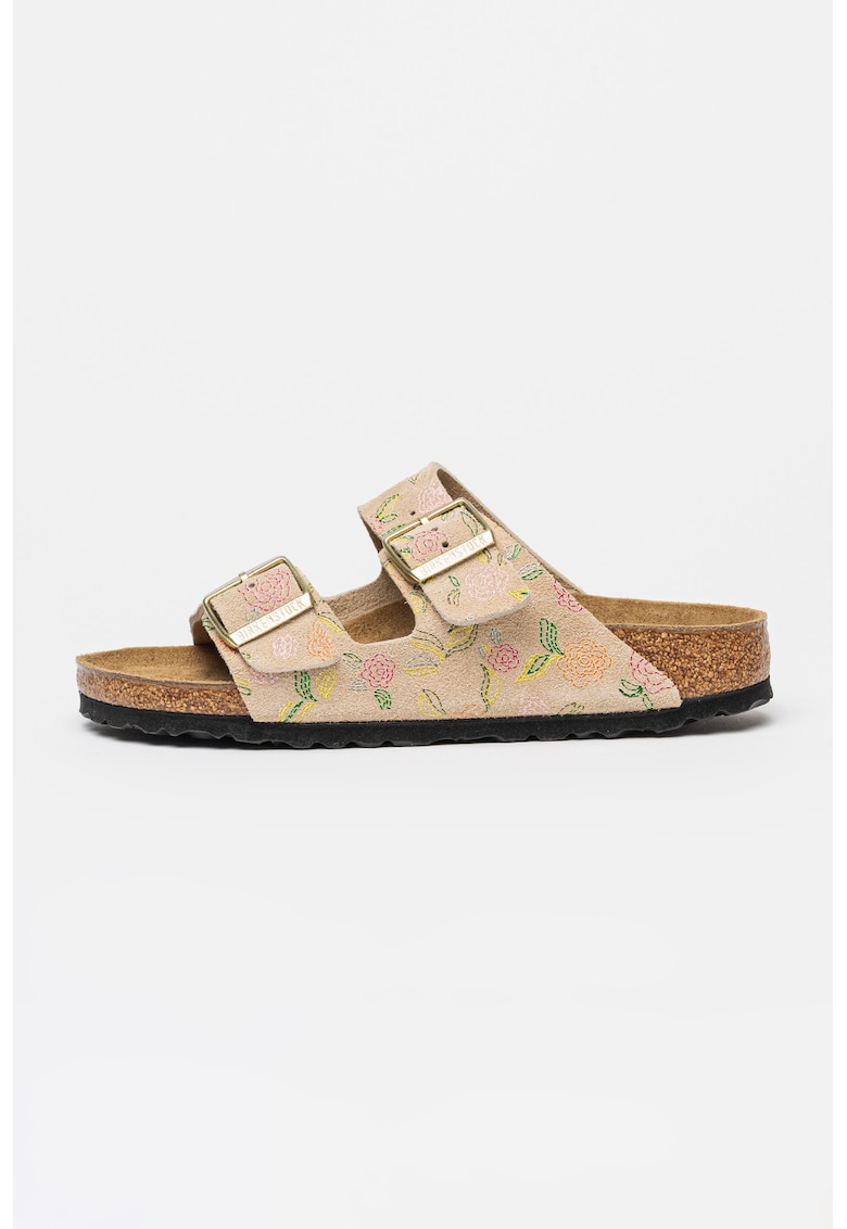 Papuci din piele intoarsa cu model floral - Gri deschis/Roz