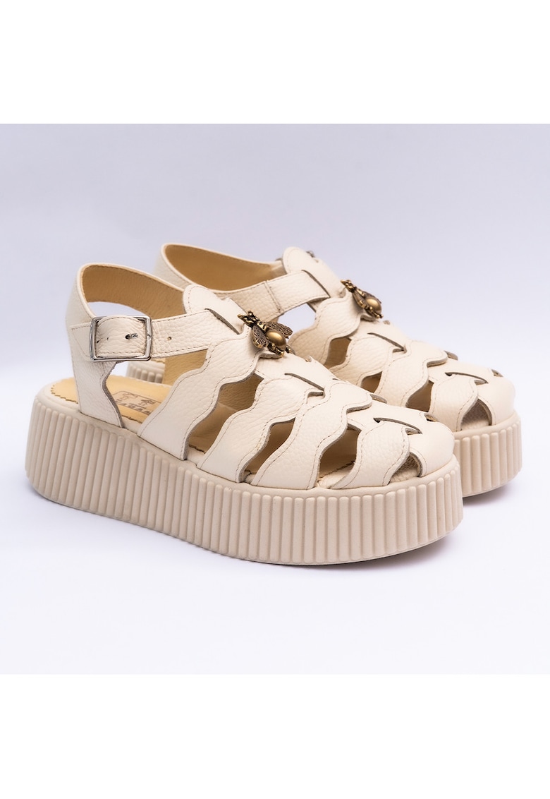 Sandale dama din piele naturala cu accesoriu - crem - Crem