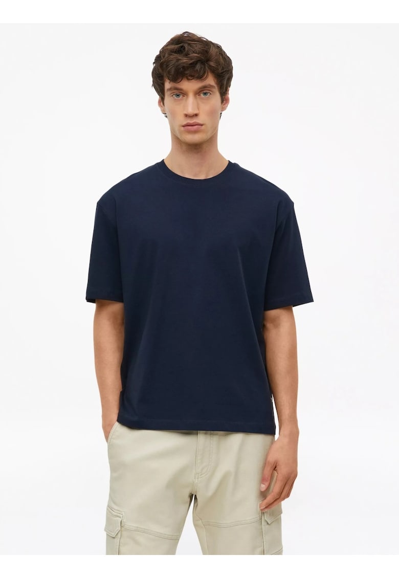 Tricou barbati la baza gatului - din jerseu gros de bumbac - Modern fit - Bleumarin inchis