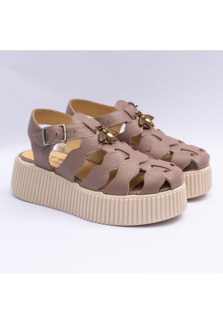 Sandale dama din piele naturala cu accesoriu - roz pal bizonat - Roz pal