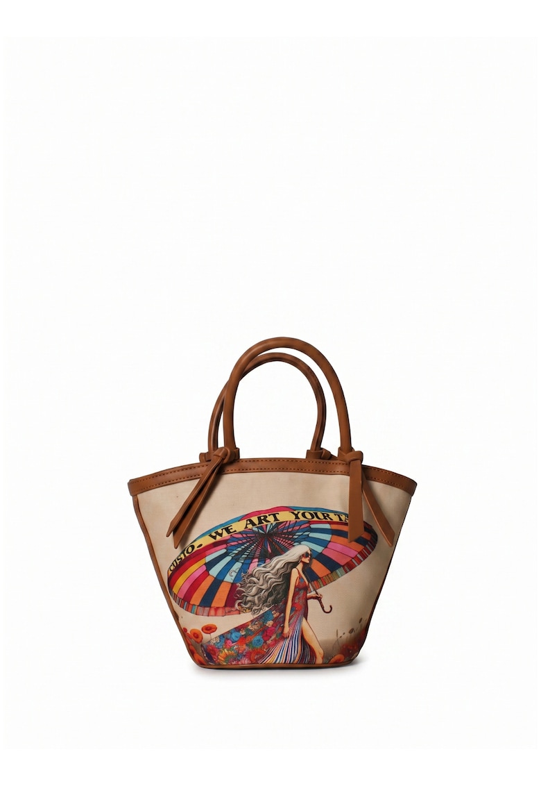Geanta bucket cu maner si model grafic Celestia - Roz