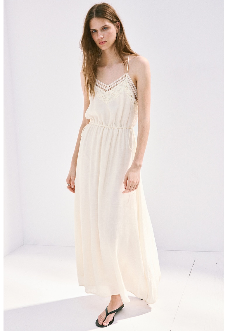 Rochie maxi cu decolteu cu broderie - Alb fildes