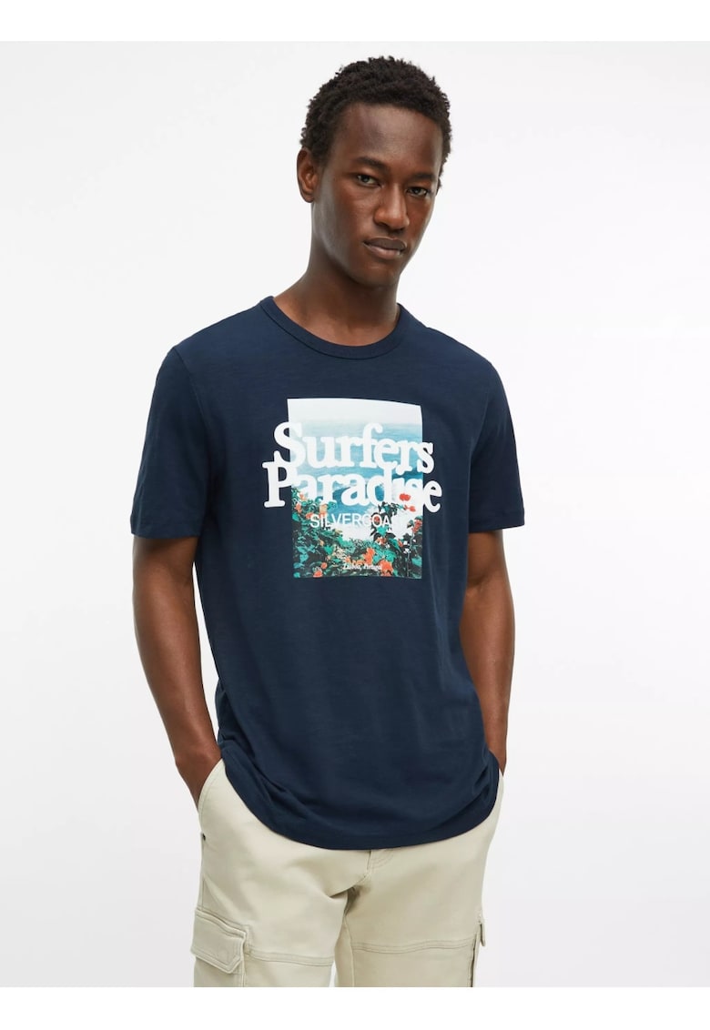 Tricou barbati din bumbac - cu imprimeu foto - Regular fit - Bleumarin inchis -