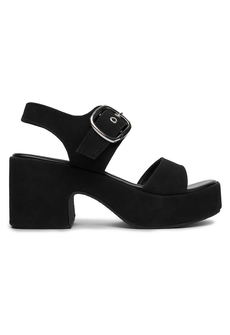 Sandale dama negru - material textil - toc stabil cu platforma - inchidere cu catarama