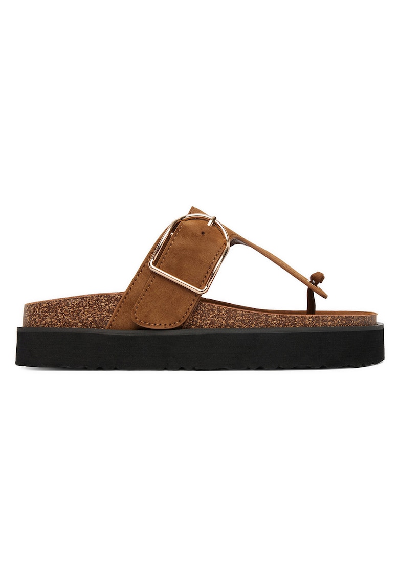 Slapi dama - imitatie piele intoarsa - detaliu catarama - maro - textil