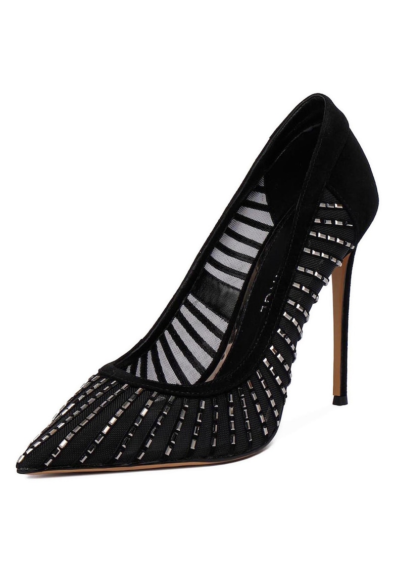 Pantofi dama - toc ascutit - negru - textil - cu pietre