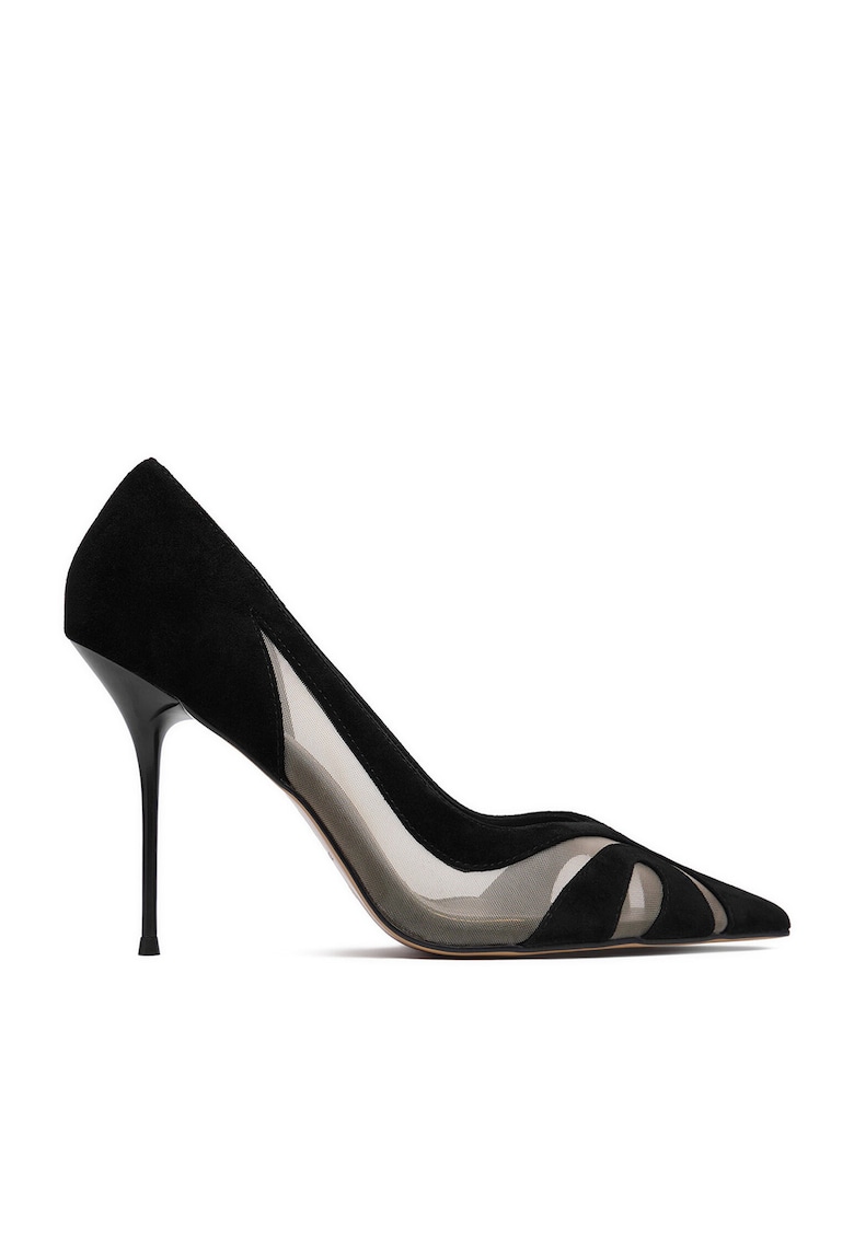 Pantofi dama - toc ascutit - negru - textil/piele naturala