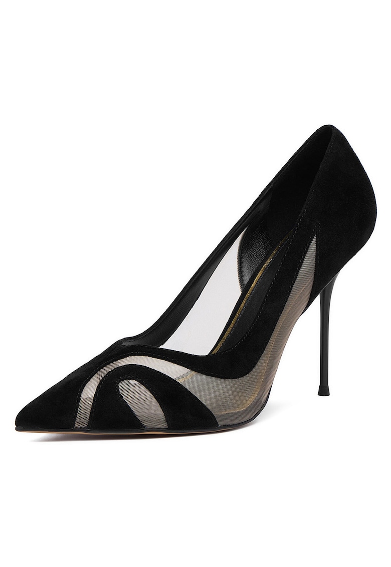 Pantofi dama - toc ascutit - negru - textil/piele naturala