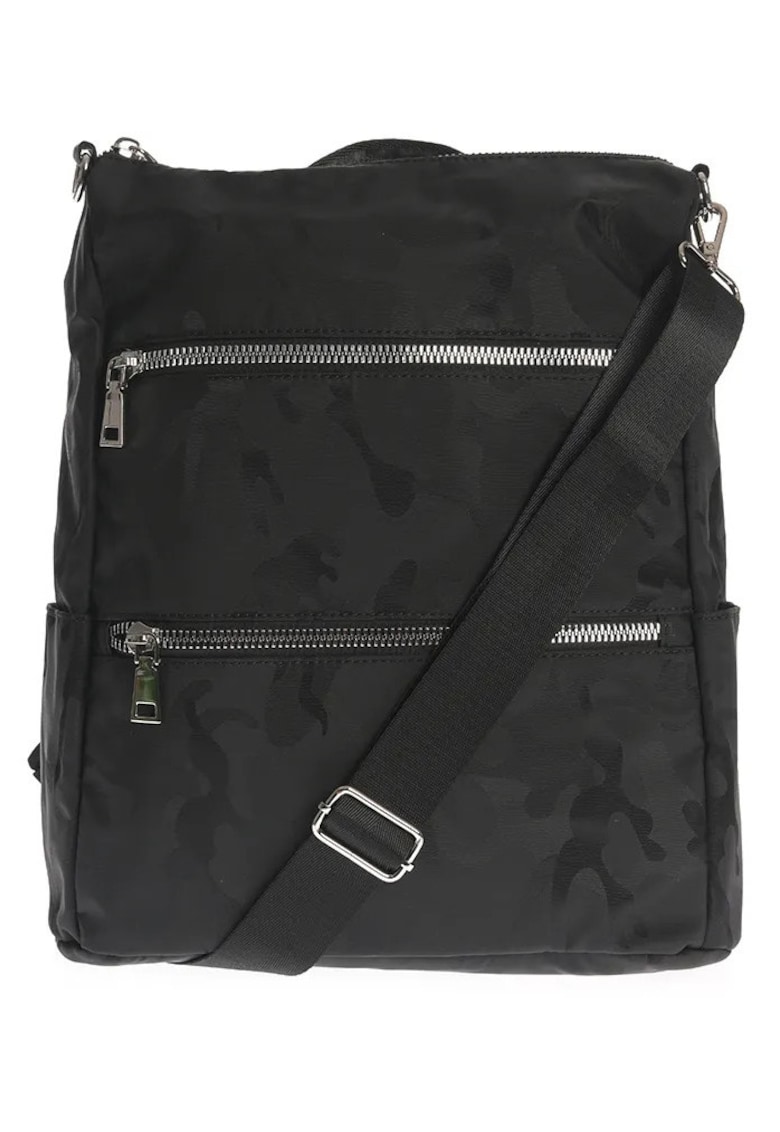 Rucsac negru cu imprimeu camuflaj si fermoare metalice