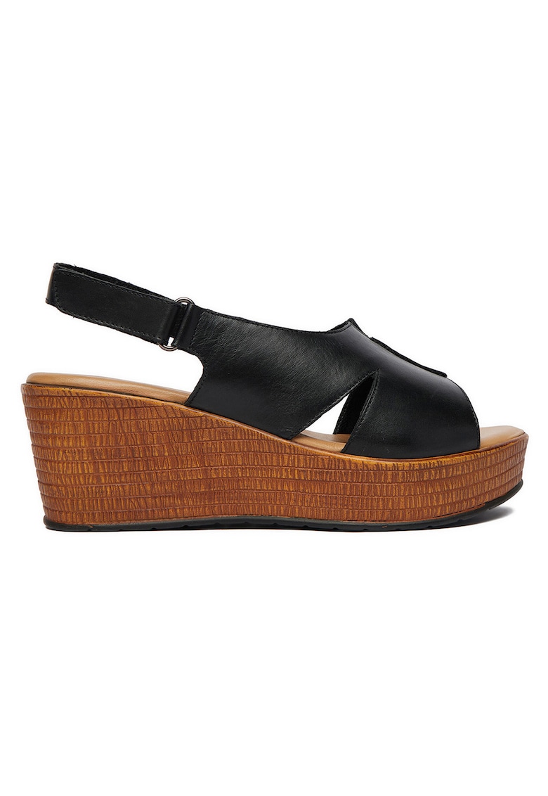 Sandale dama piele naturala - toc compensat - velcro - Negru