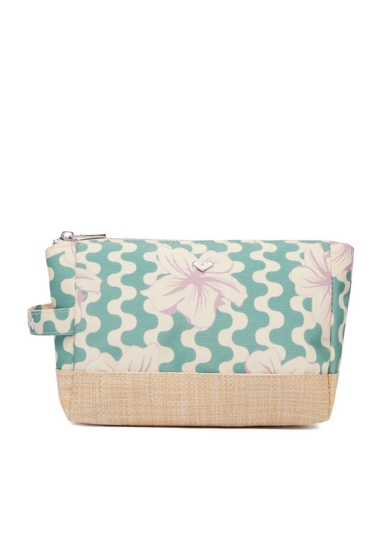 portfard/trusa de cosmetice din textil - cu imprimeu floral - cu interior sintetic - bej