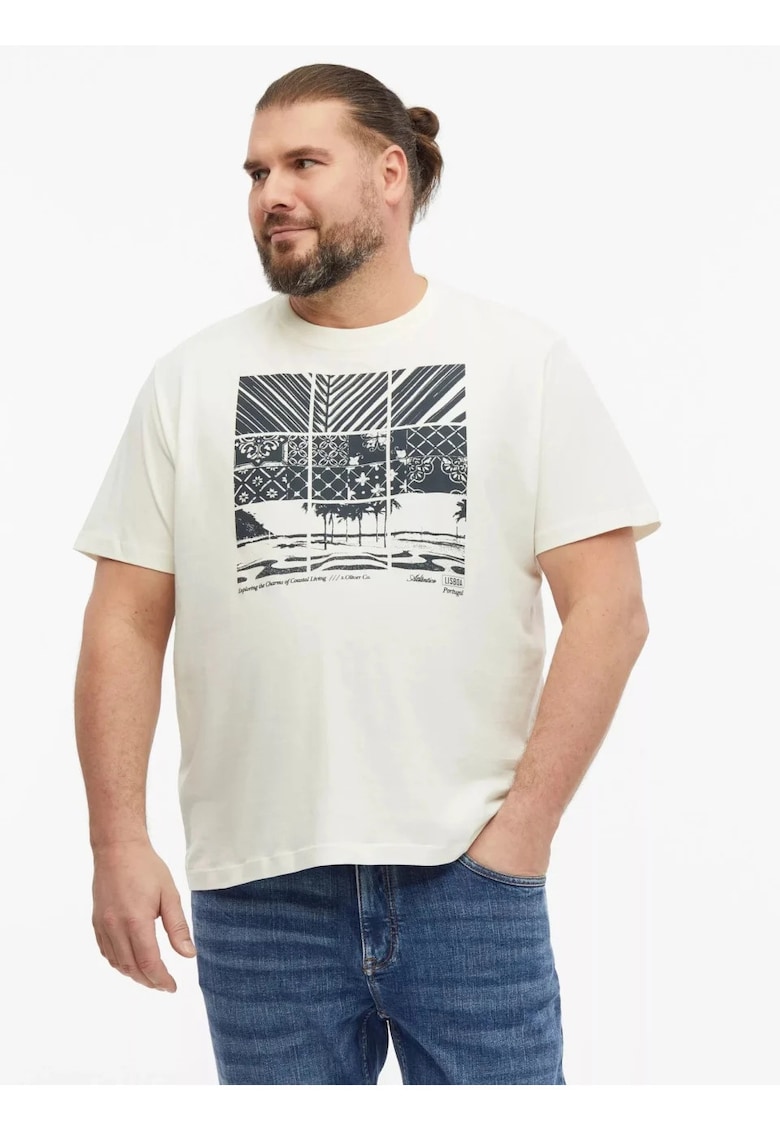 Big Sizes Tricou la baza gatului - barbati big sizes - din bumbac - cu imprimeu - Regular fit - Crem -
