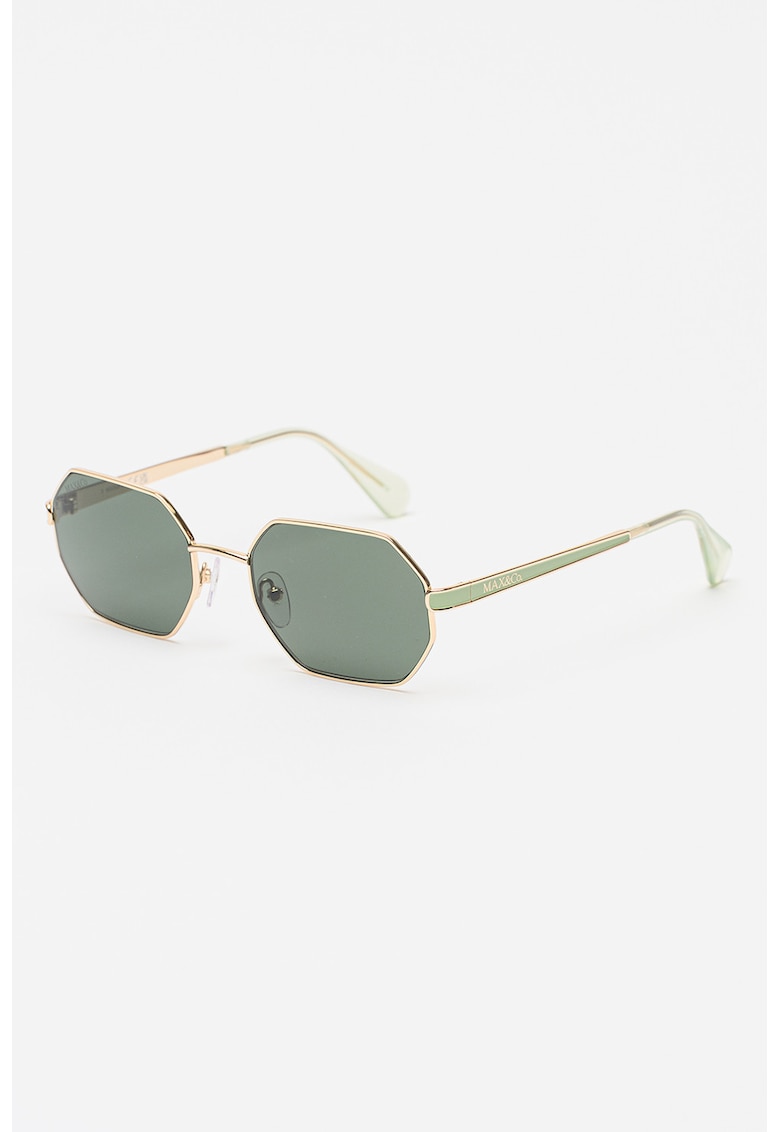 Ochelari de soare hexagonali cu detaliu logo - Auriu/Verde pal