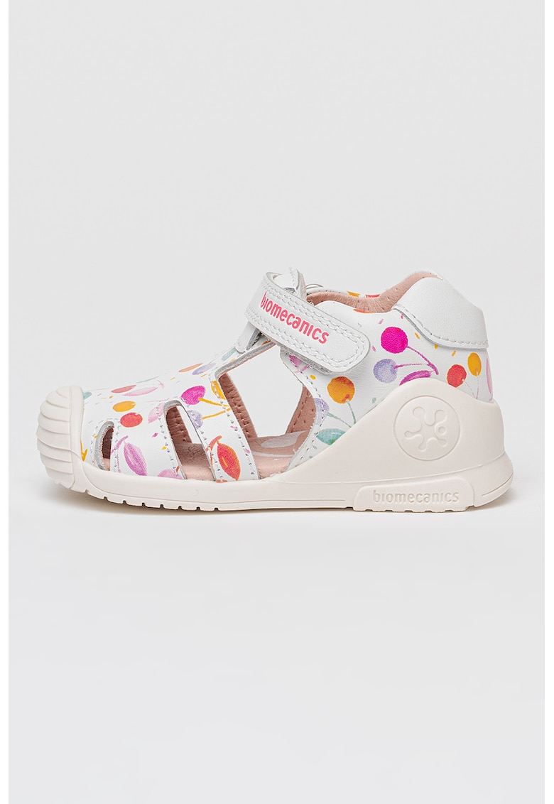 Sandale din piele cu inchidere velcro si model - Alb/Roz