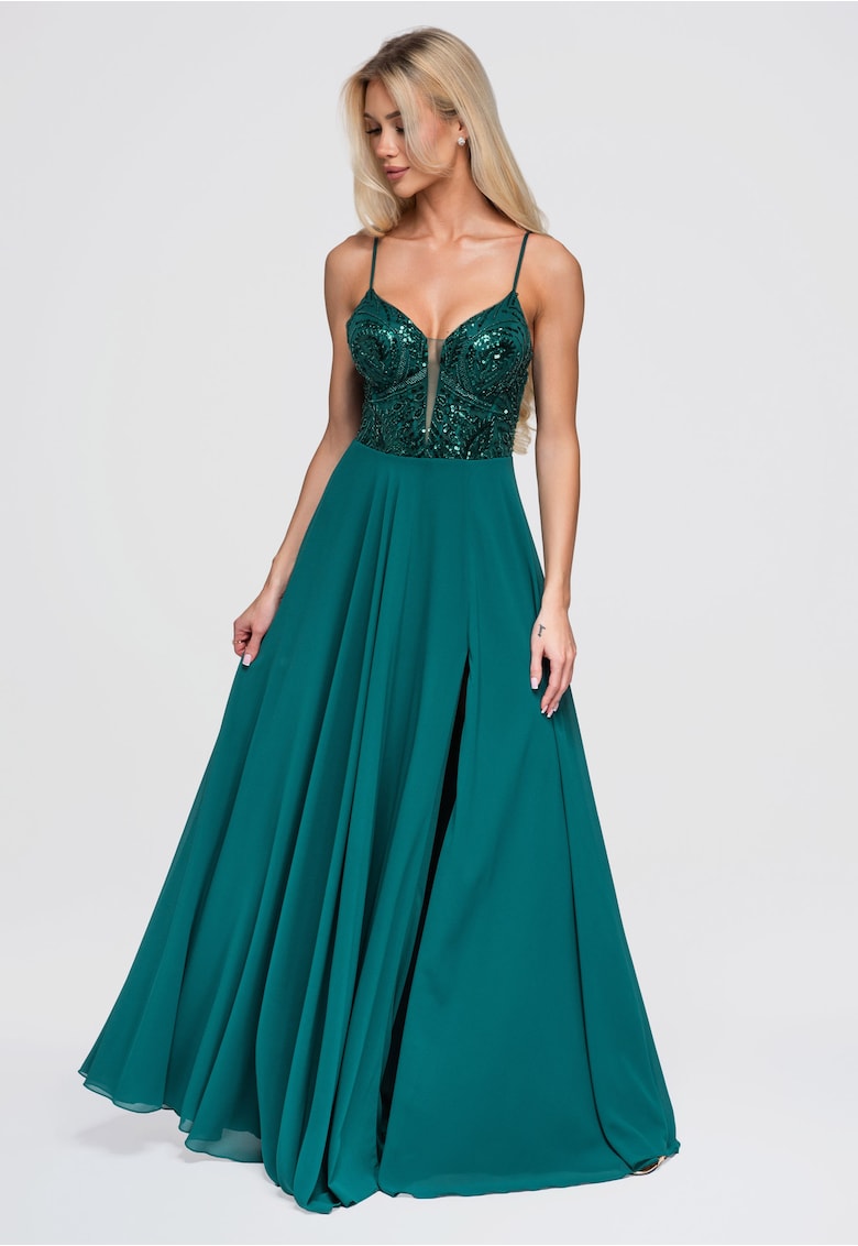 Rochie maxi de seara cu decolteu adanc si detalii cu paiete - Verde -