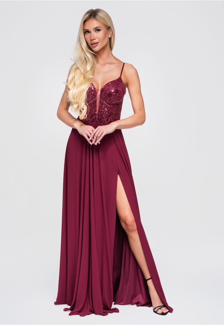 Rochie maxi de seara cu decolteu adanc si detalii cu paietE - Visiniu