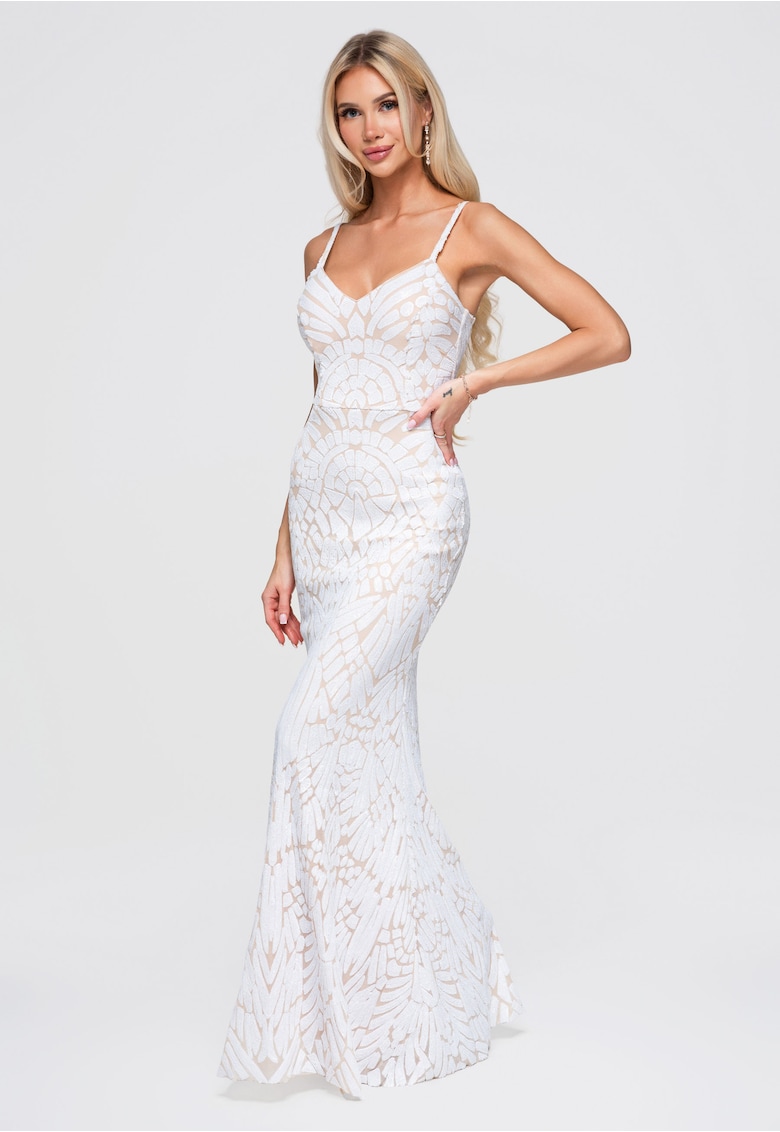 Rochie maxi de seara cu decolteu in forma de inima si aplicatii cu margele