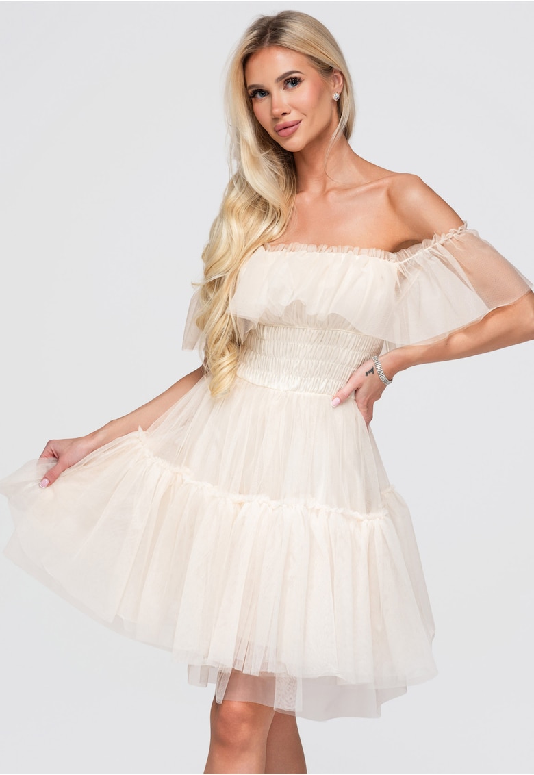 Rochie eleganta din tul roz - cu umeri goi si volane delicate - Ecru -