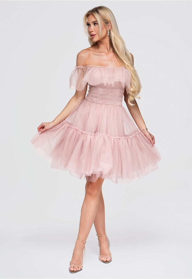 Rochie eleganta - din tul roz - cu umeri goi si volane delicate - Roz lucios