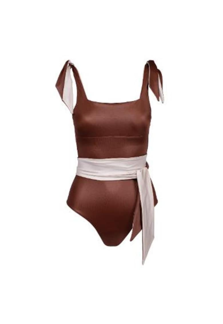 costum de baie intreg reversibil cu decolteu fata si spate patrat - Maro