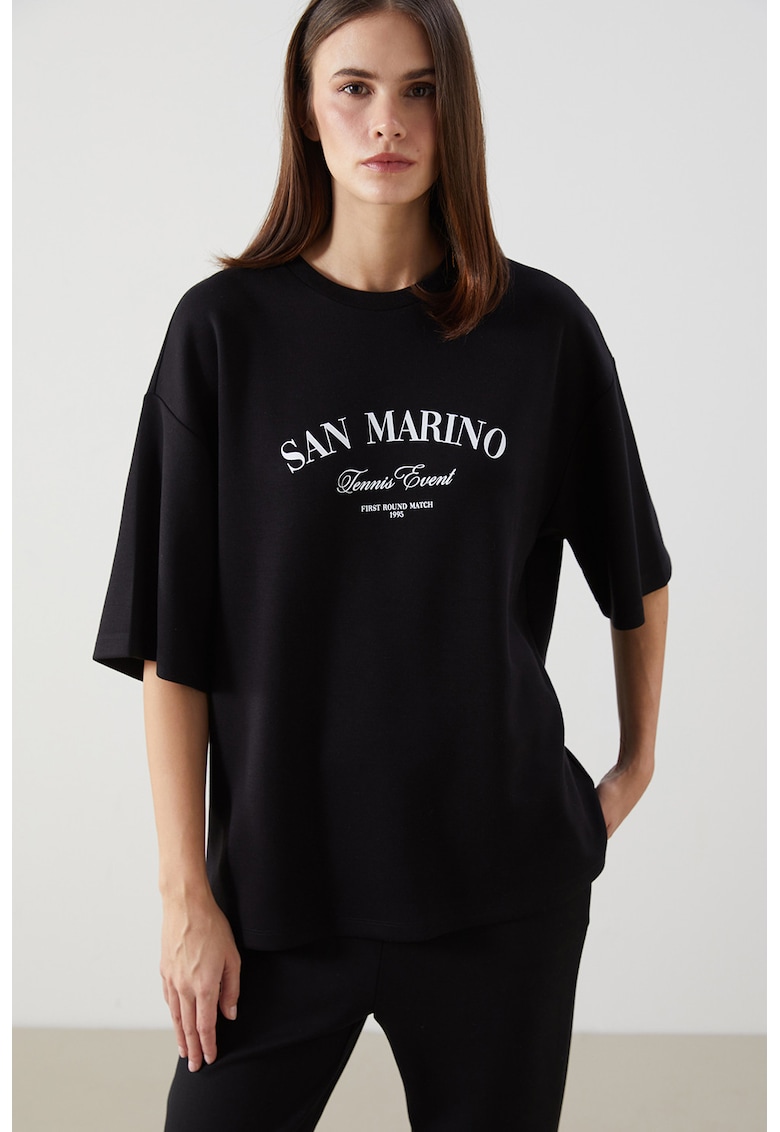 Tricou supradimensionat cu imprimeu text - Negru