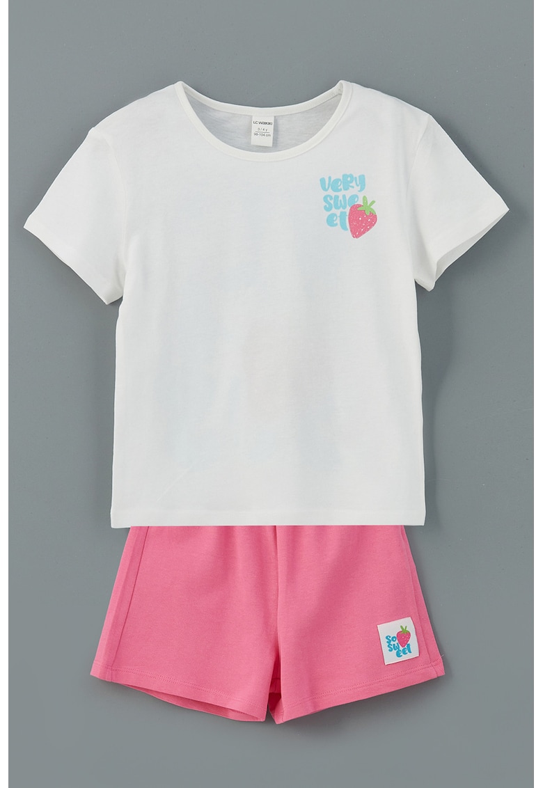 Set de tricou si pantaloni scurti din bumbac - Alb/Roz deschis/Albastru deschis neon