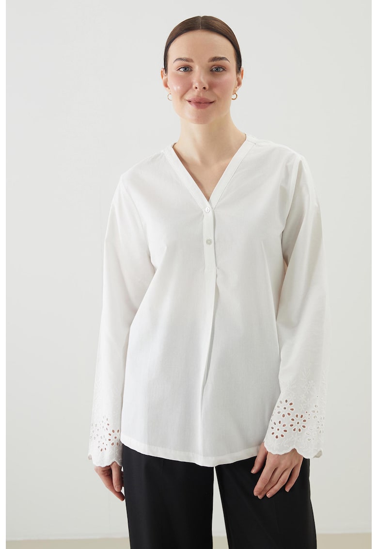 Bluza din bumbac cu broderii din dantela Sangallo - Alb