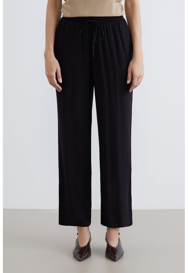 Pantaloni cu model uni si talie ajustabila - Negru