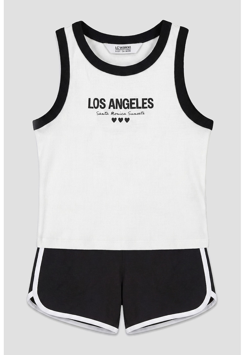 Pijama scurta cu imprimeu text - Alb/Negru