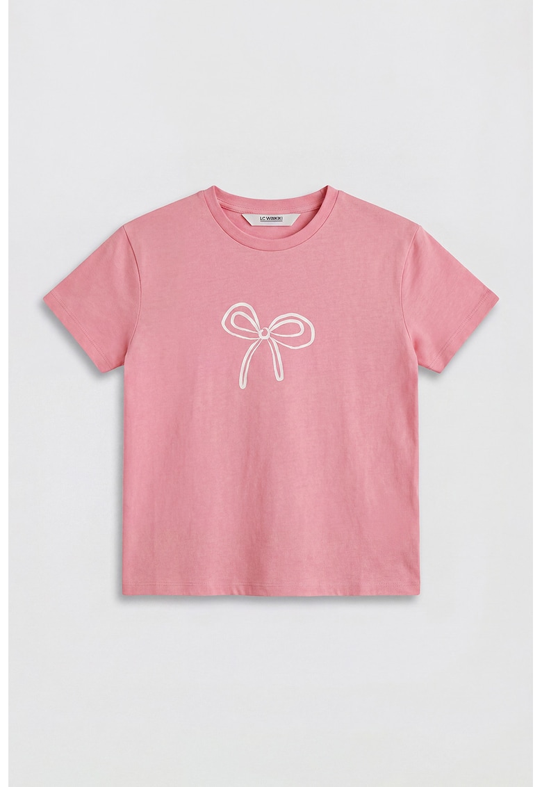 Tricou de pijama cu decolteu la baza gatului si funda - Roz prafuit