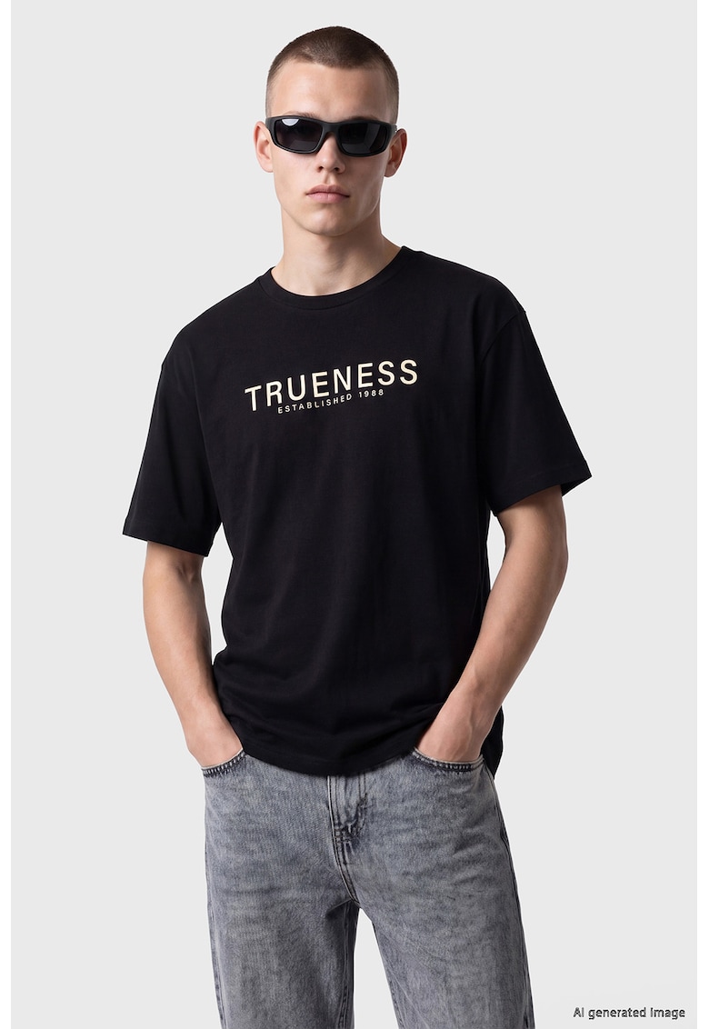 Tricou de bumbac cu imprimeu grafic - Alb fildes - Negru -