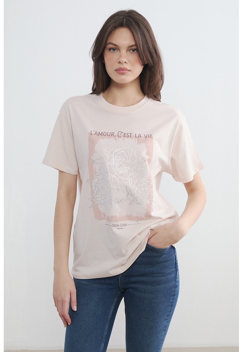 Tricou de bumbac cu imprimeu grafic si text - Alb fildes