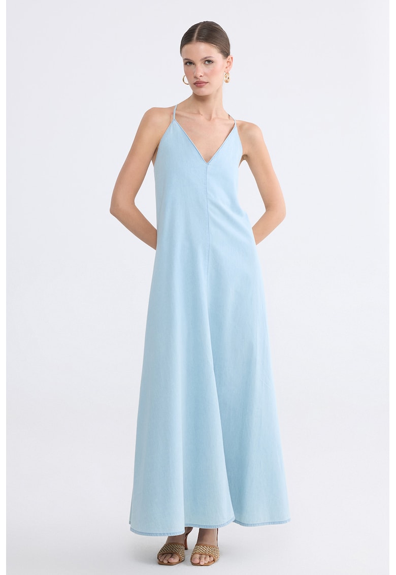 Rochie maxi de denim cu decolteu in V Vision - Albastru pastel