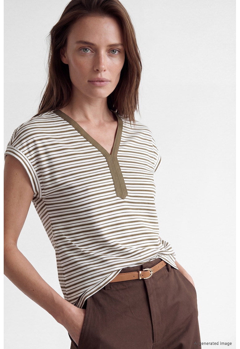 Tricou cu decolteu in V si dungi Grace - Alb/Maro pamantiu