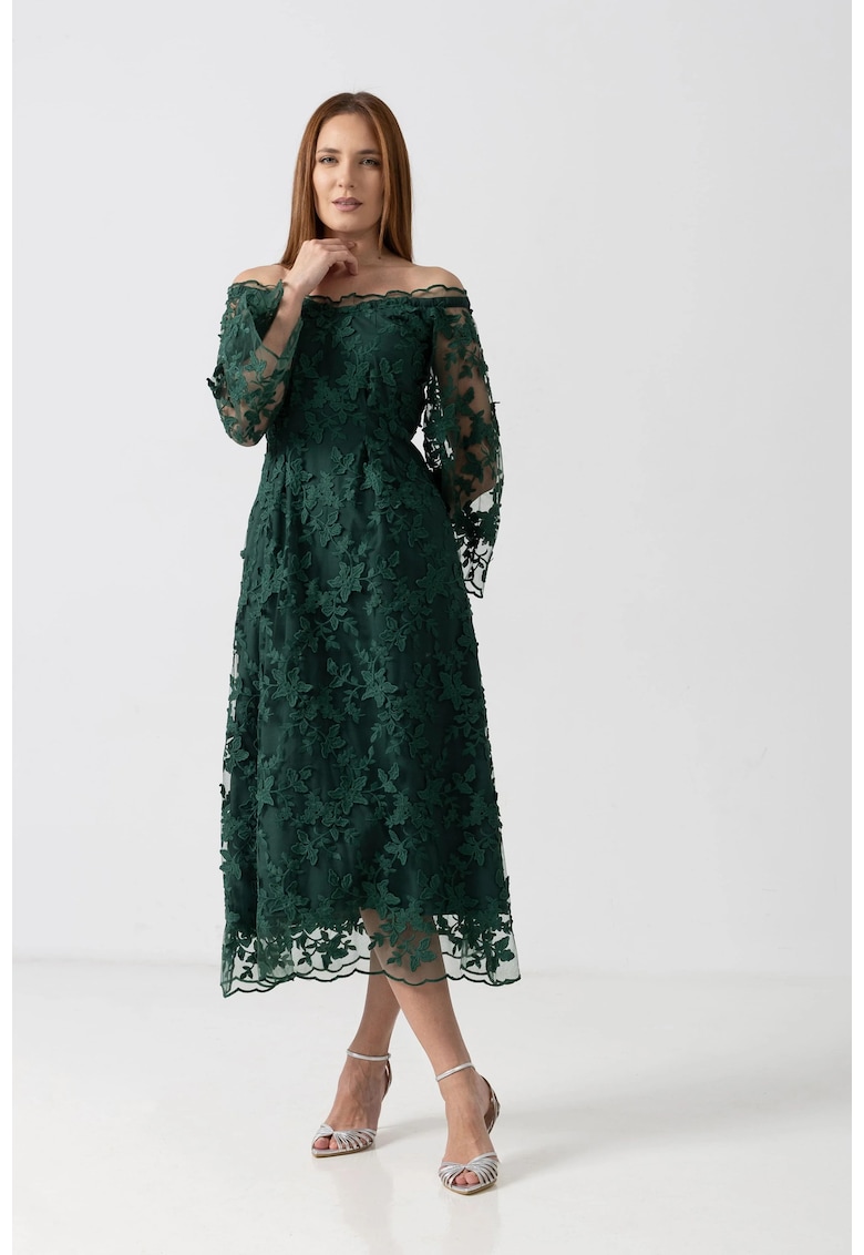 Rochie midi din tulle verde cu umeri decupati