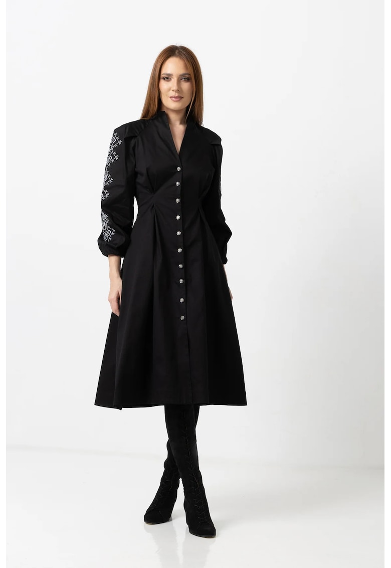Rochie camasa tip tunica neagra cu broderie computerizata si maneci bufante