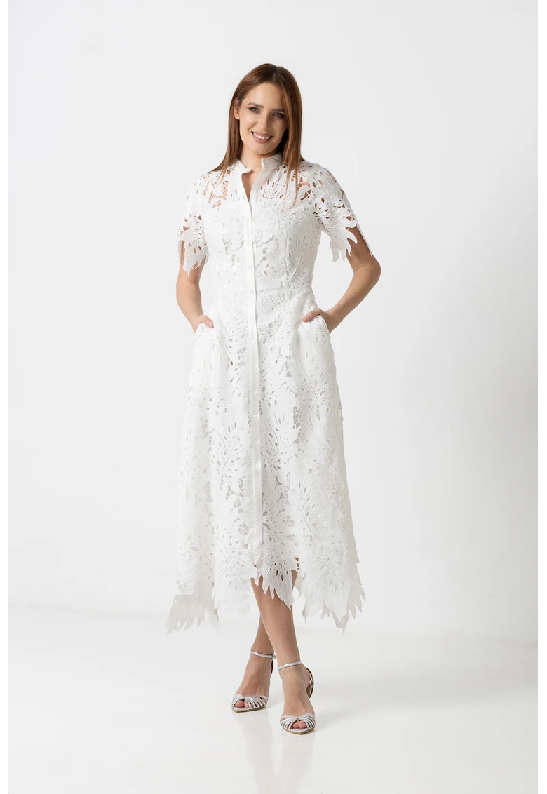 Rochie-camasa midi din dantela brodata cu buzunare laterale