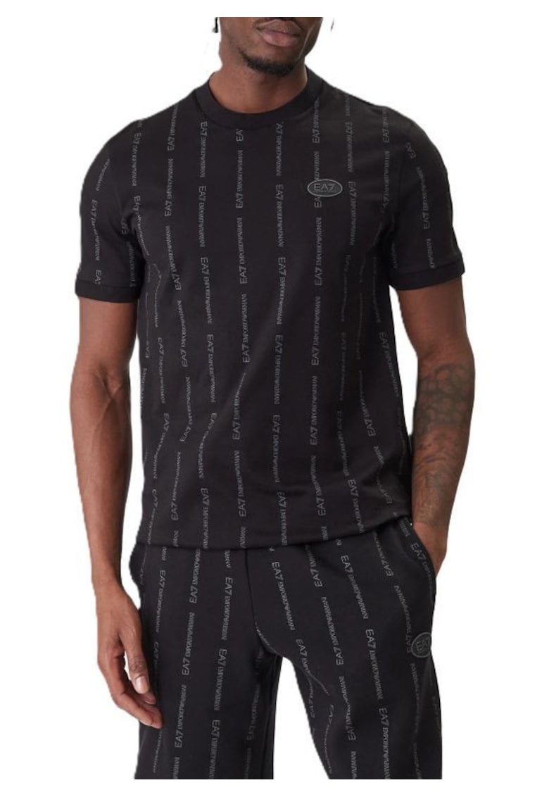 Tricou din bumbac cu model monograma - Negru/Gri inchis