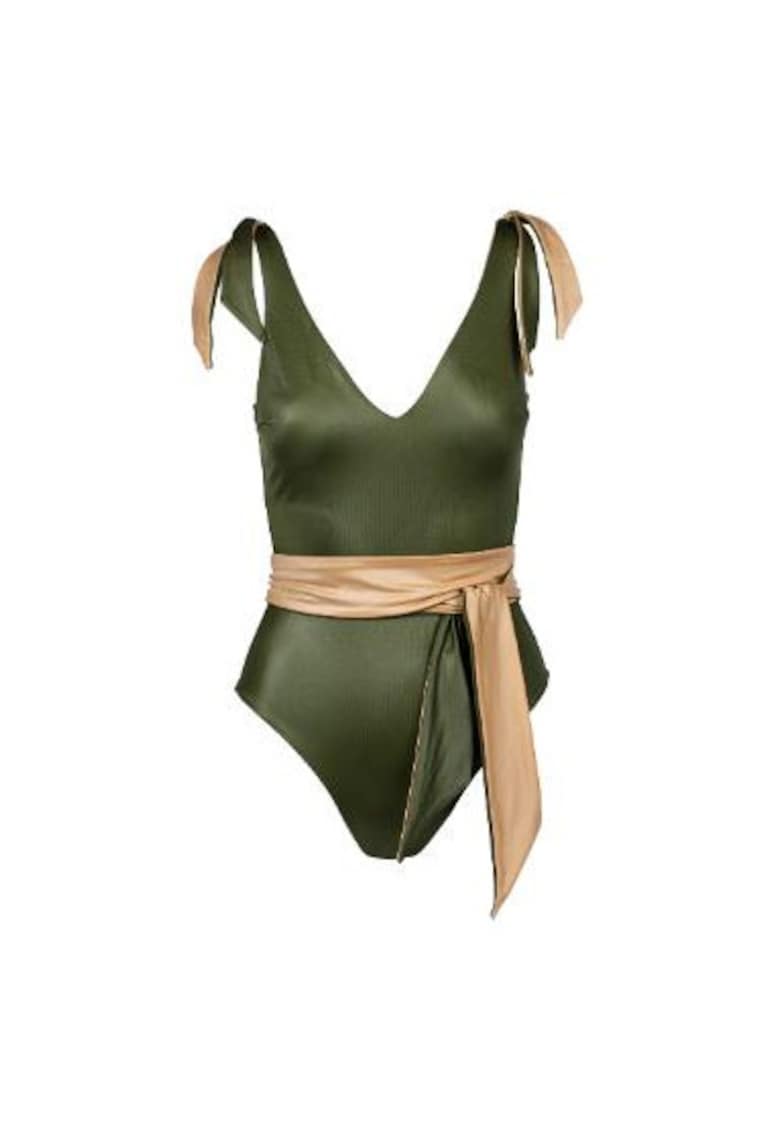 costum de baie intreg reversibil cu decolteu fata si spate in V - Verde