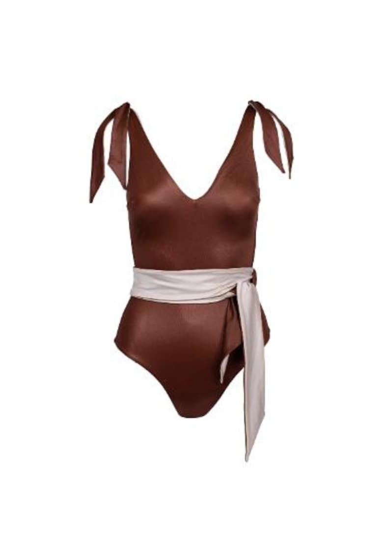 costum de baie intreg reversibil cu decolteu fata si spate in V - Maro