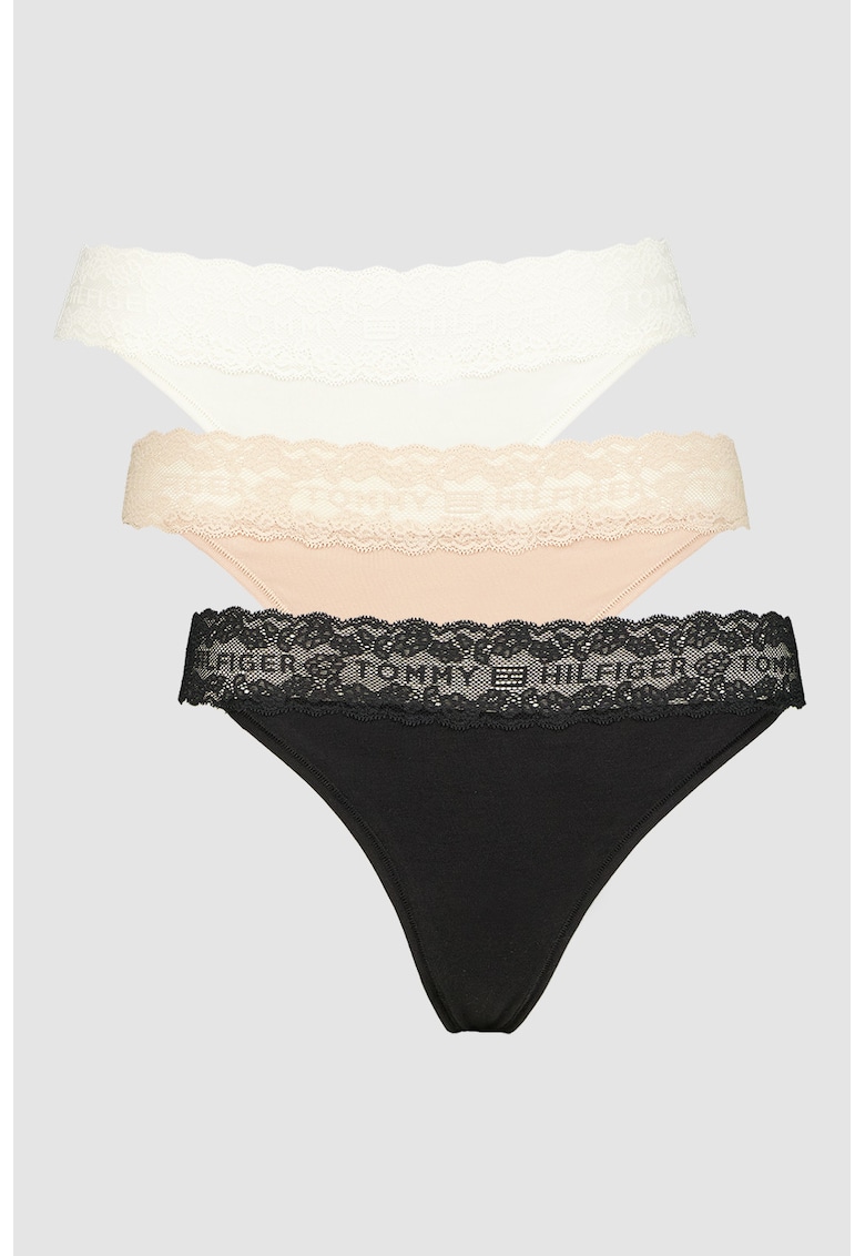 Set de chiloti tanga din dantela - 3 perechi - Alb fildes/Negru/Bej inchis