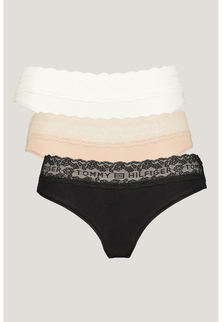 Set de chiloti brazilieni cu dantela - 3 perechi - Alb fildes/Negru/Bej inchis