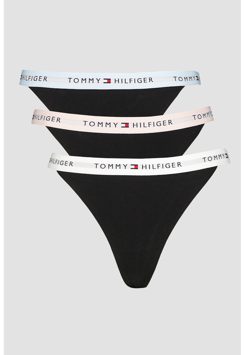 Set de chiloti tanga cu banda logo in talie - 3 perechi - Negru
