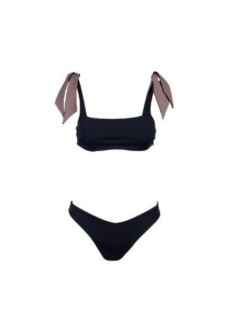 costum in doua piese reversibil cu sutien bandou si slip in V - Negru