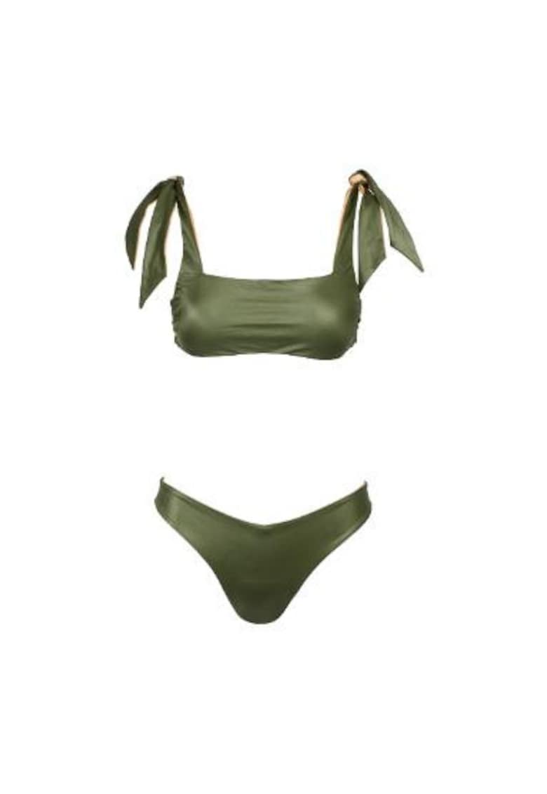 costum in doua piese reversibil cu sutien bandou si slip in V - Verde